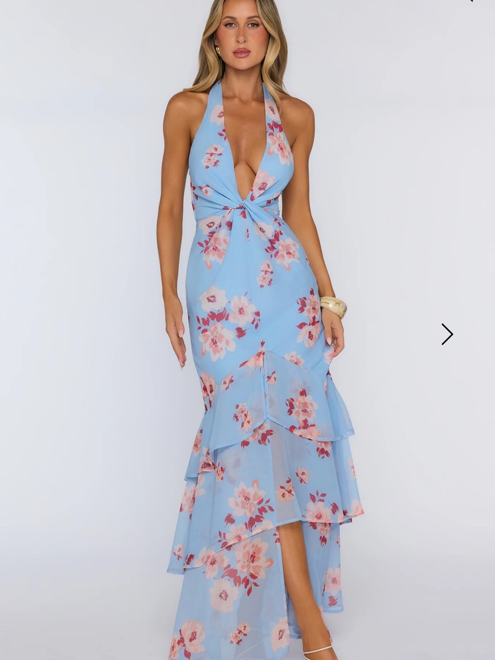 Hello Molly Light Blue Floral Halter High-Low Maxi Dress